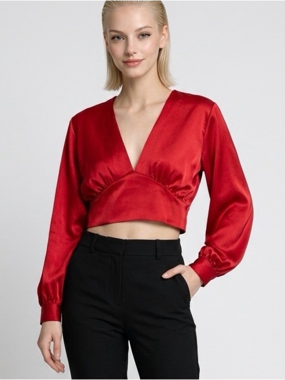 Zara Red Satin V-Neck Long Sleeve Crop Top